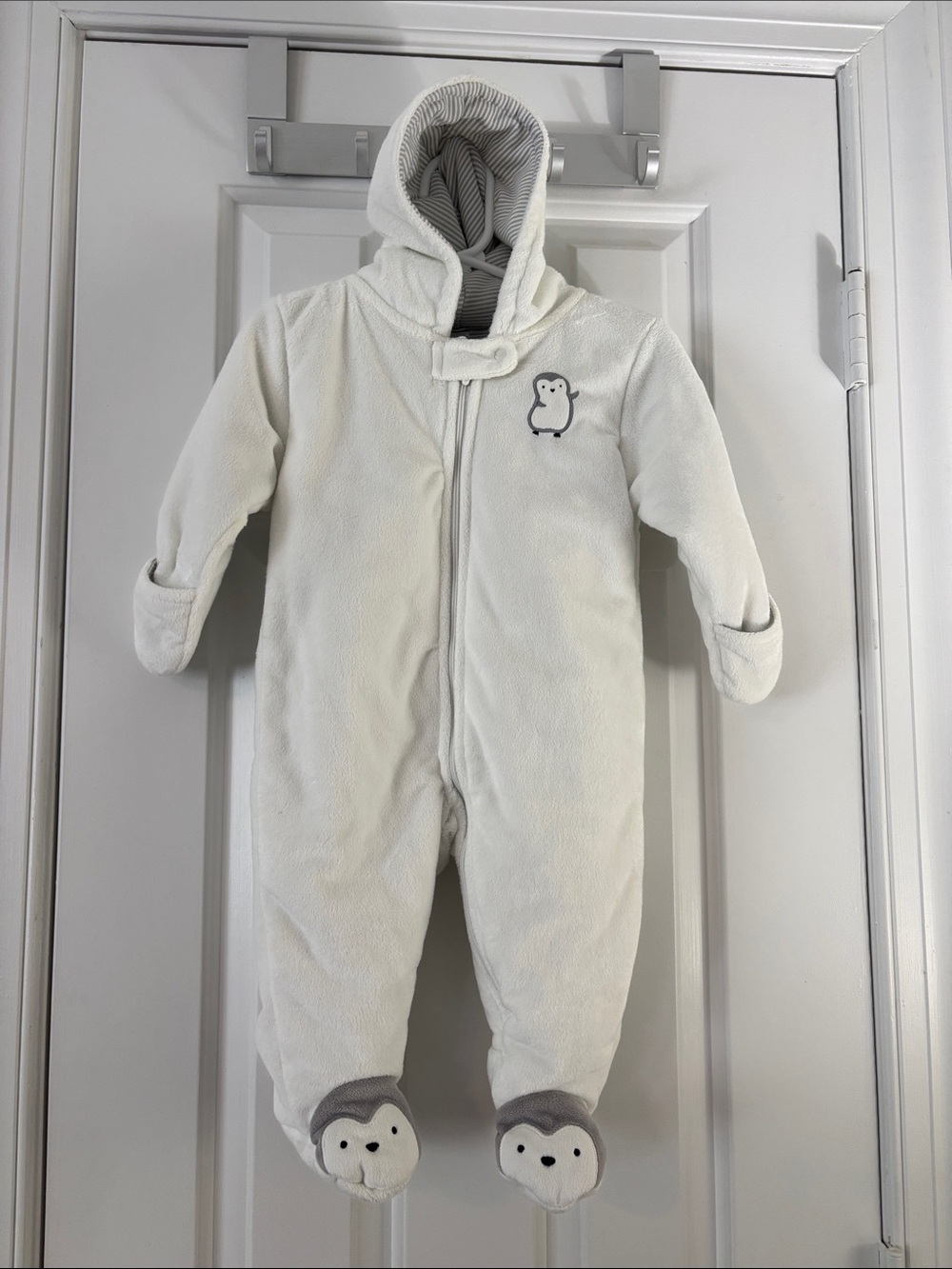 Carter's White Hooded Plush One-Piece with Penguin Applique
